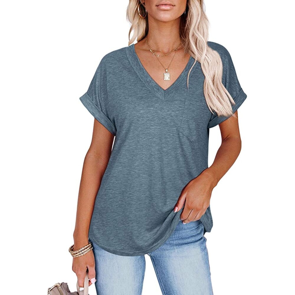 V Neck Rolled Short Sleeve Casual T Shirt with Pocket Sz XXL